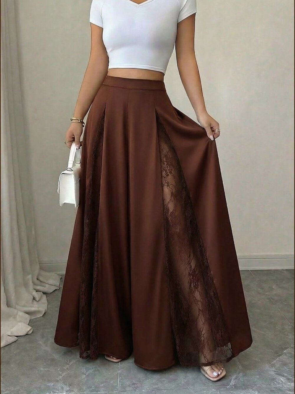 Coffee Brown Elegant Women's Contrast Lace Standard Size Wide Leg Pants